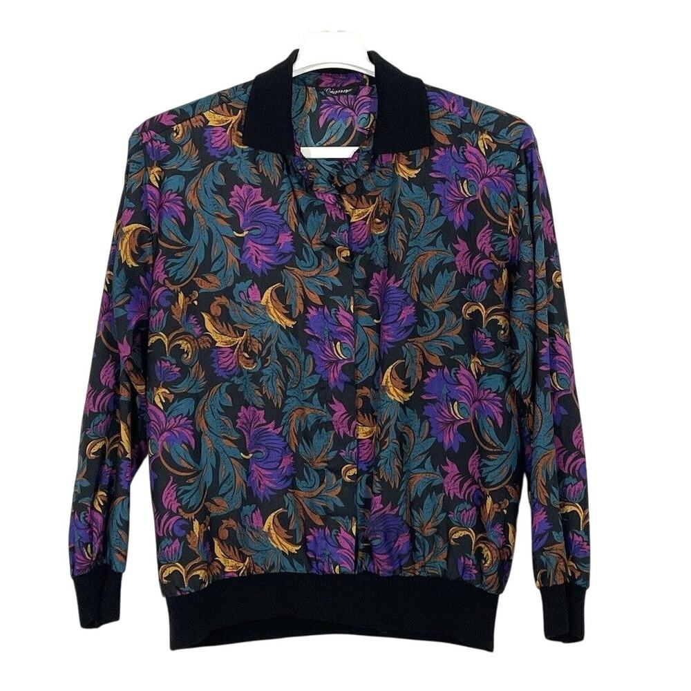 Vintage 80s Glam Blouse Gianna Floral Artsy Banded Bottom Button Front Medium